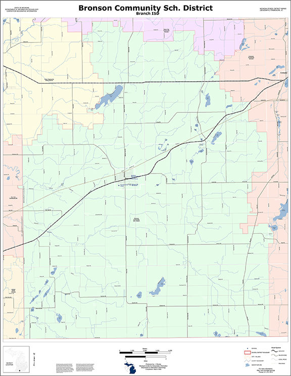 Map of Bronson Community School District showing boundaries, roads, and lakes.