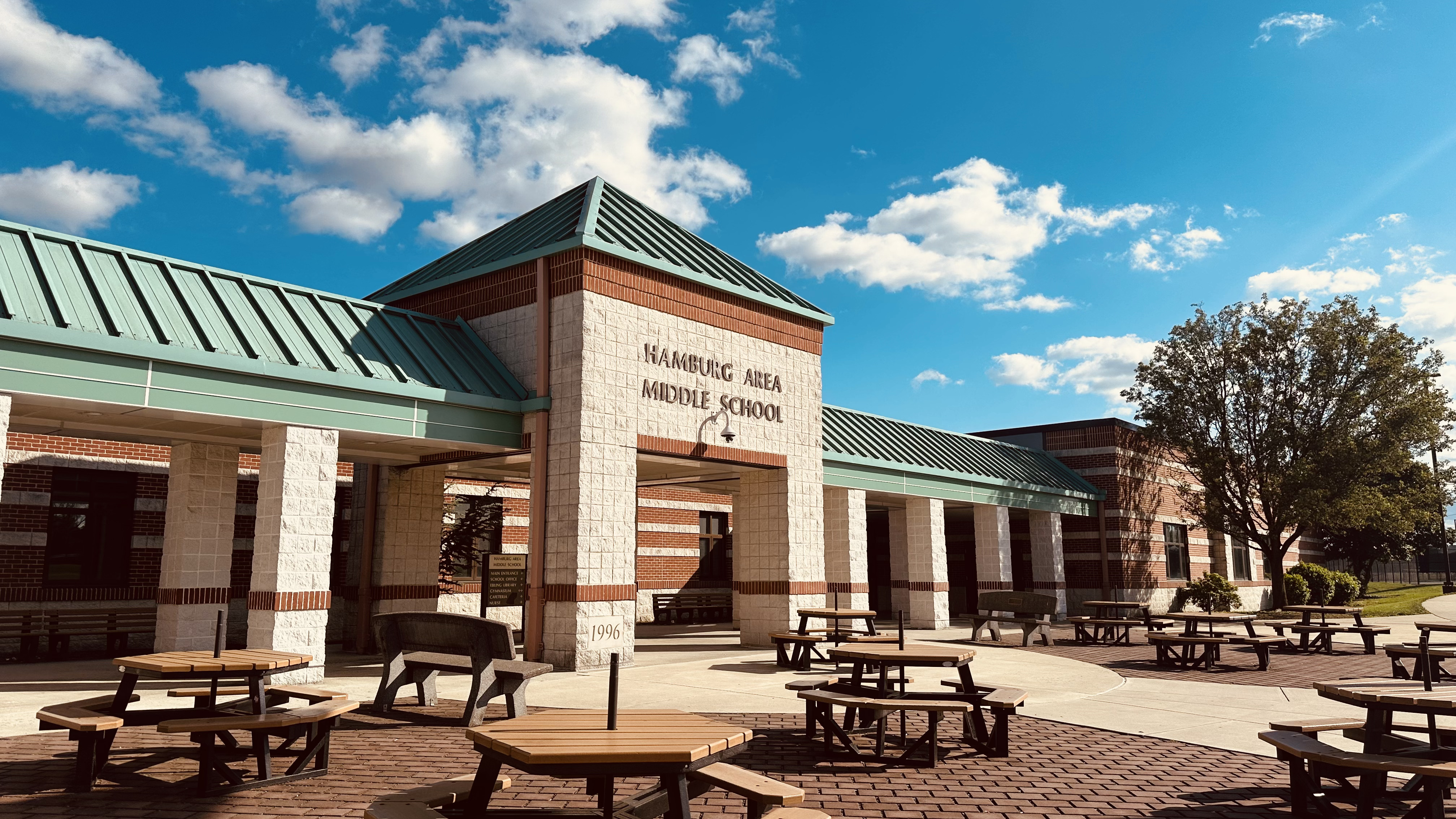 Middle School Front Entrance with Picnic Tables