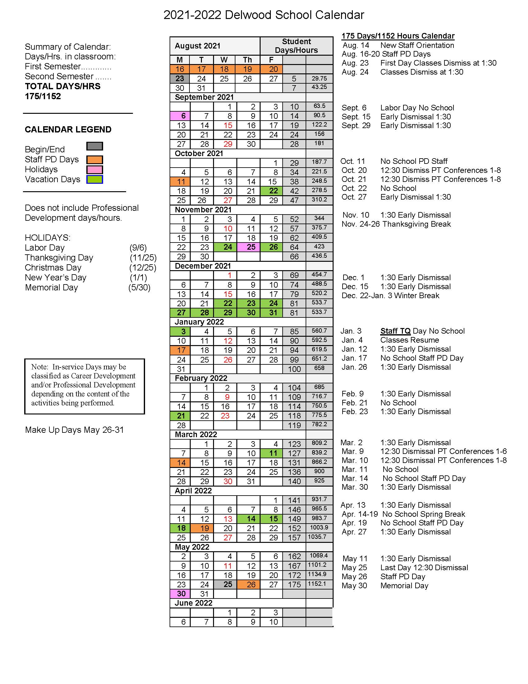 2021-2022 Delwood School Calendar