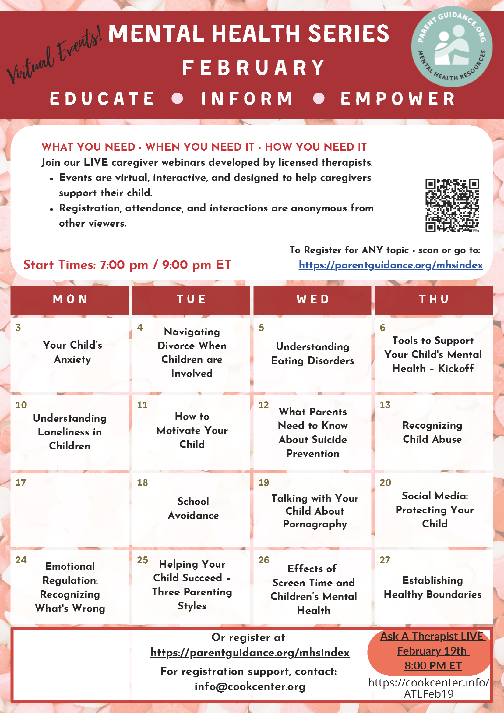 Hamilton Mental Health Monthly Calendar