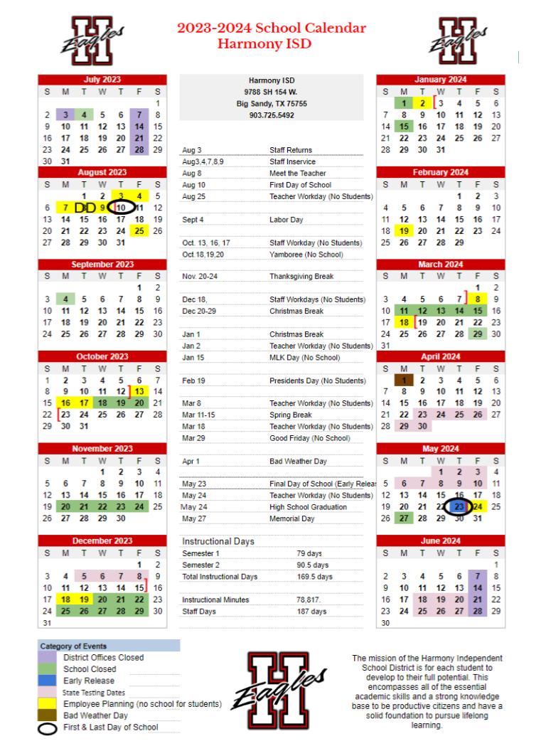 20232024 School Calendar Harmony Independent School District