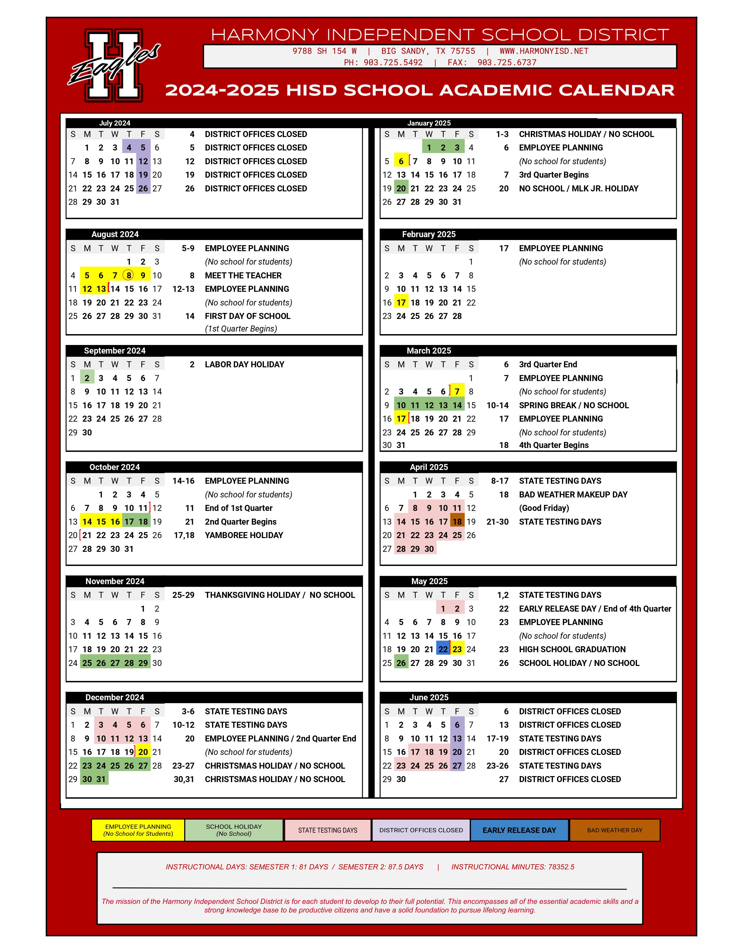 20242025 School Calendar Harmony Independent School District