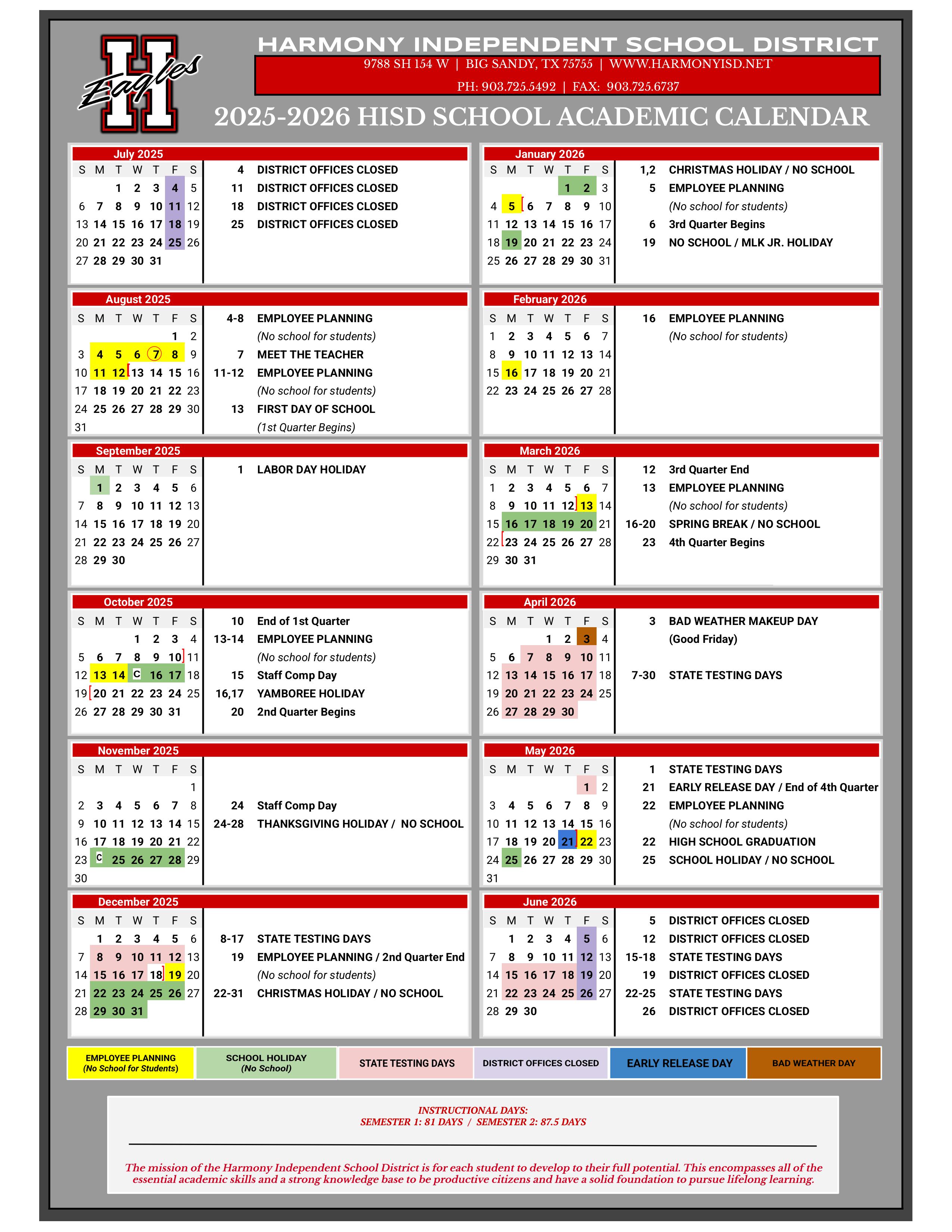 20252026 School Calendar Harmony Independent School District