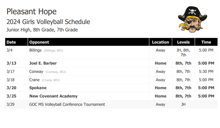 MS Volleyball Schedule