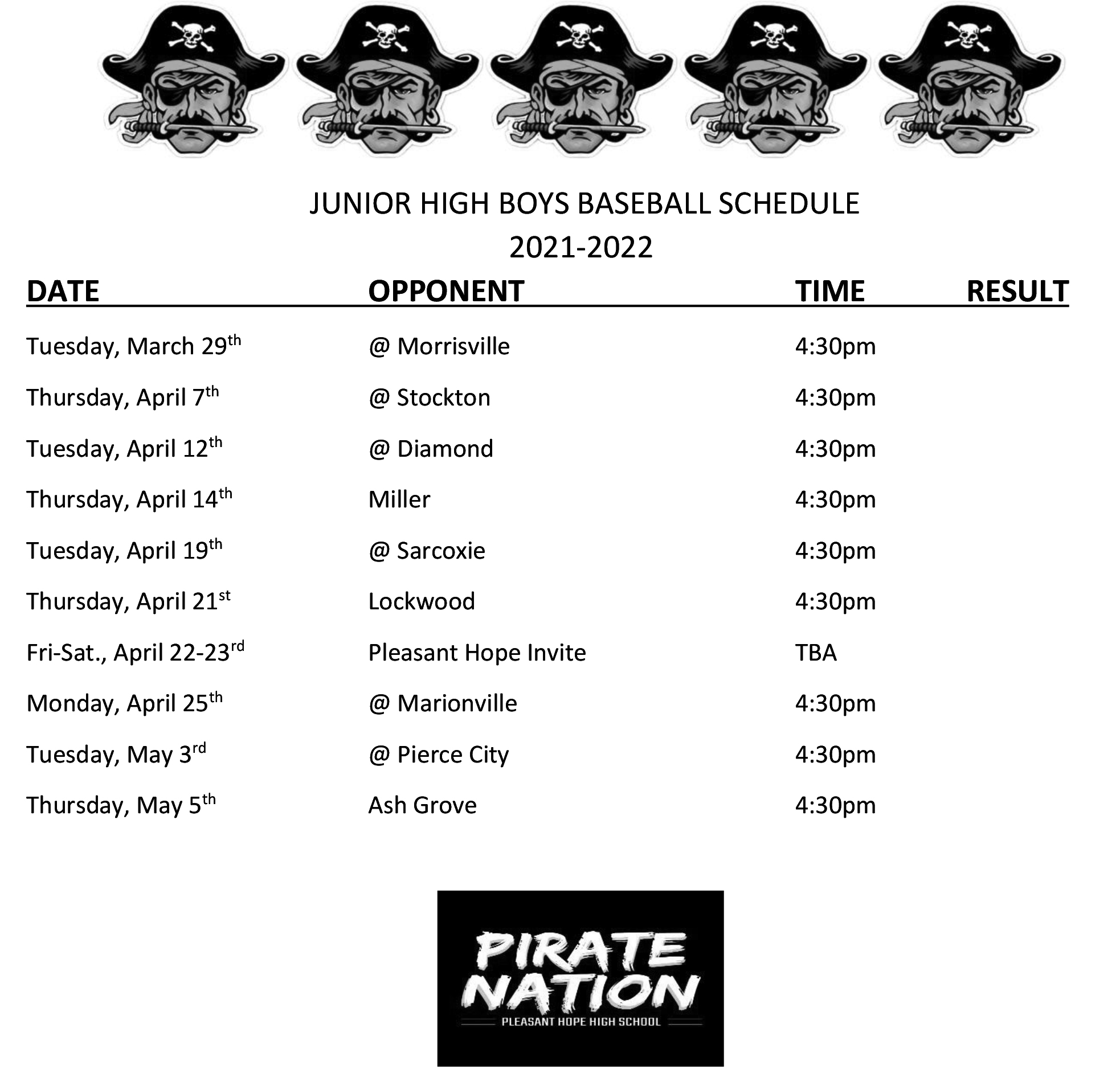 MS Boys Baseball Schedule