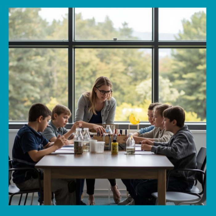 group of students in front of window doing science with one teacher