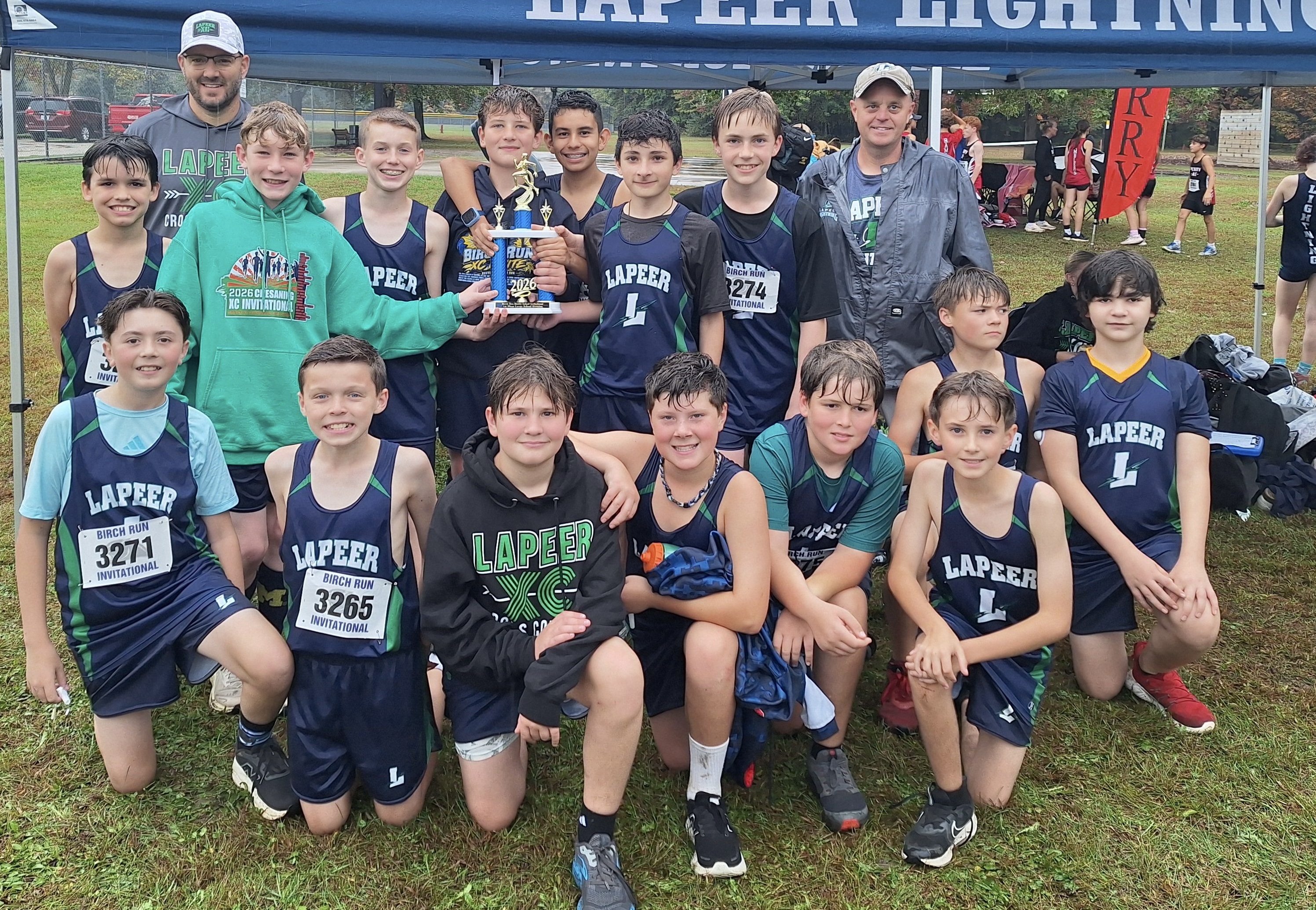 Lapeer middle school cross country teams celebrate wins and championships at the Birch Run Invitational on October 1, 2026.
