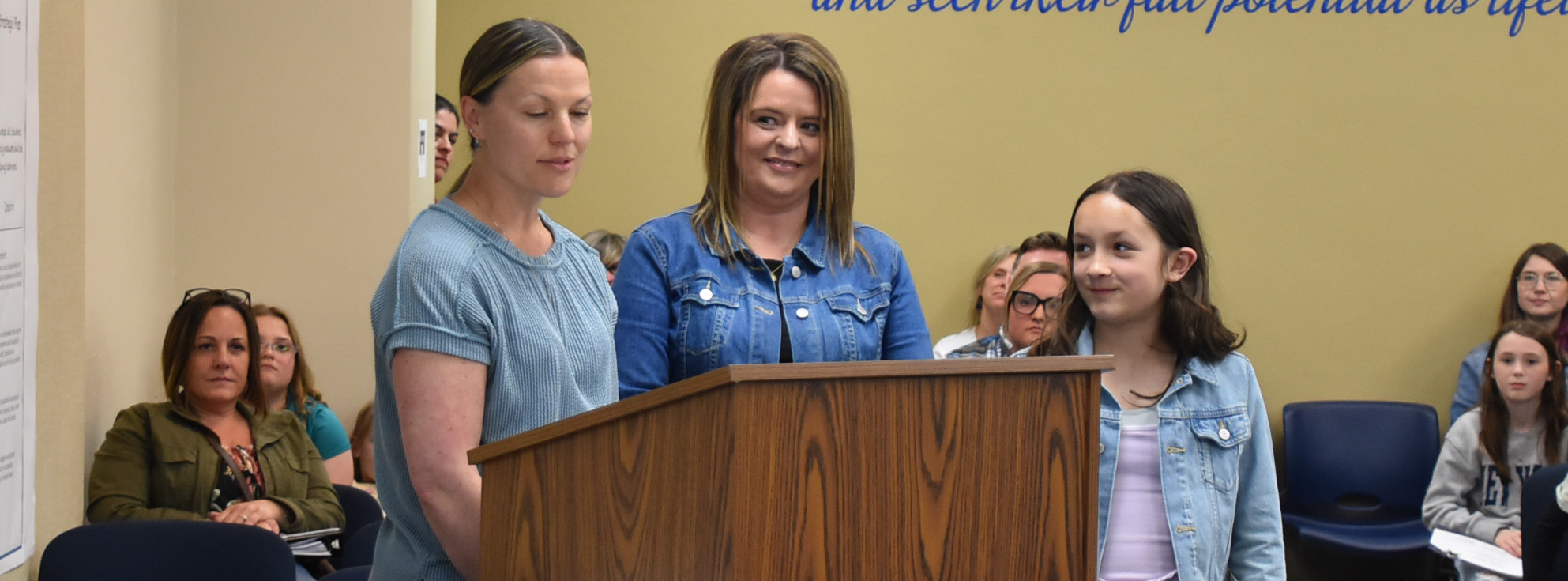 Presidents fifth grader Rowan Hammond and registrar Melissa Giebel were recognized on April 27 for being Simply Amazing!