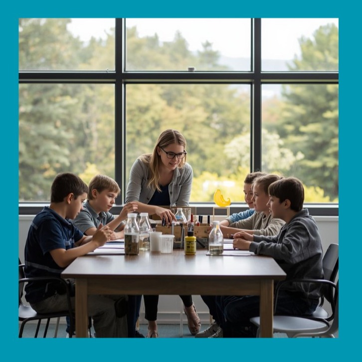 students with teacher doing science in front of a window