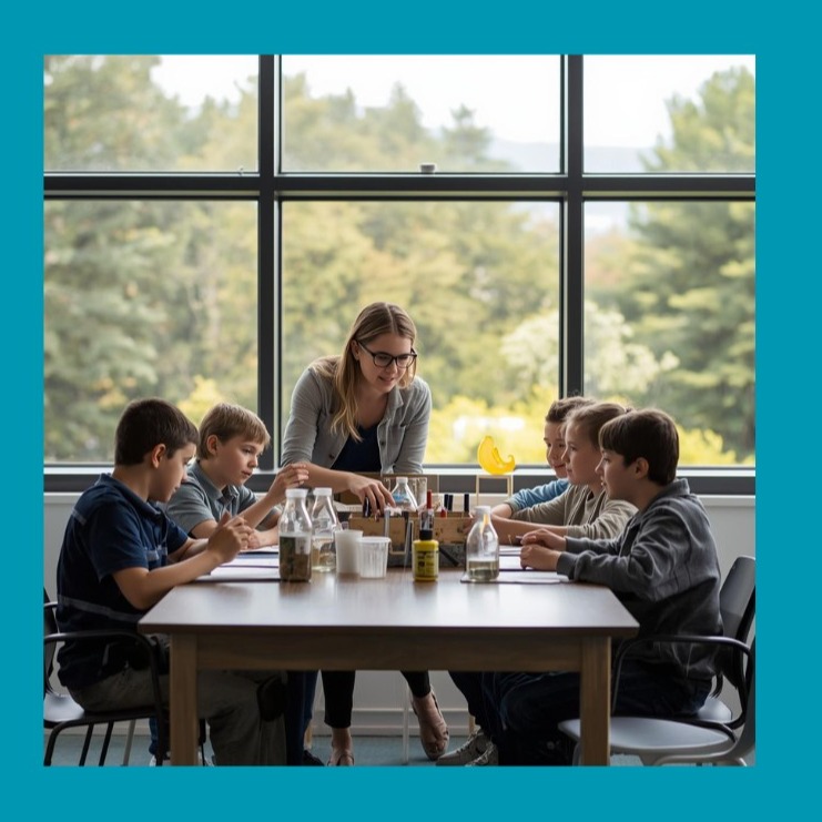 students with teacher in front of window learning about science