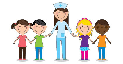 Drawing of the school nurse with her kids