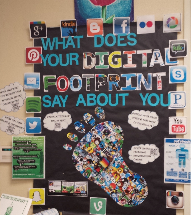 Bulletin board displaying various elements of digital footprints and online privacy awareness materials.