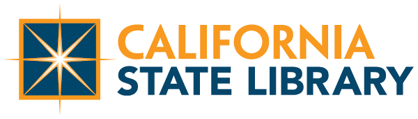 California State Library logo featuring a stylized depiction of a book and a tree in blue and gold colors.
