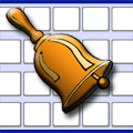 A bell icon centered on a blue background featuring a pattern of squares.