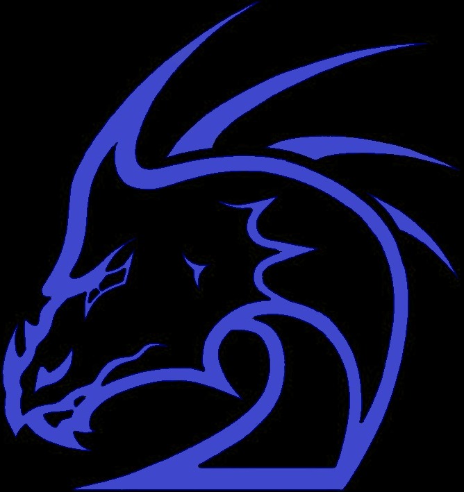 A blue dragon head against a solid black background, showcasing intricate details and fierce expression.