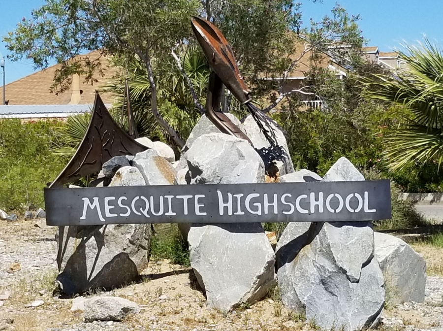 Mesquite High School sign displayed prominently at the entrance, featuring the school's name and logo.