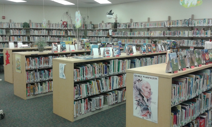 A spacious library filled with tall shelves lined with various books, creating a quiet and inviting reading environment.