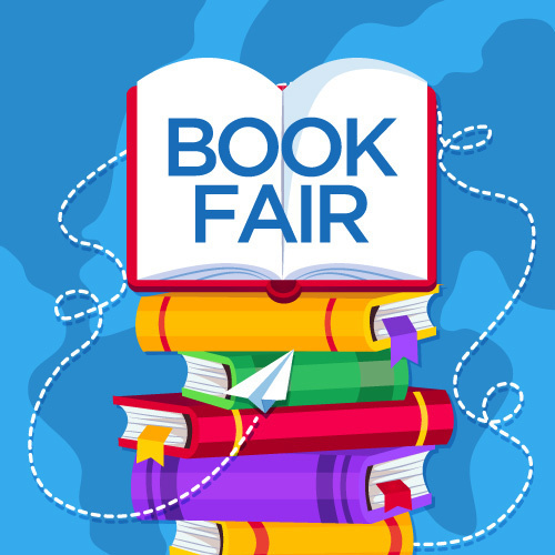 Book fair scene featuring a paper airplane and various books against a blue background.