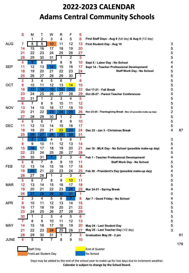 Calendars Adams Central Community Schools