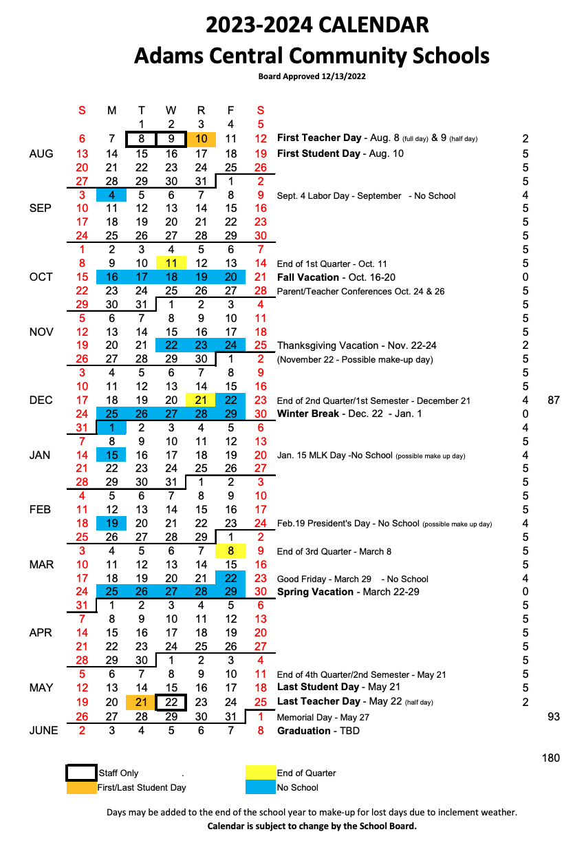 Calendars Adams Central Community Schools