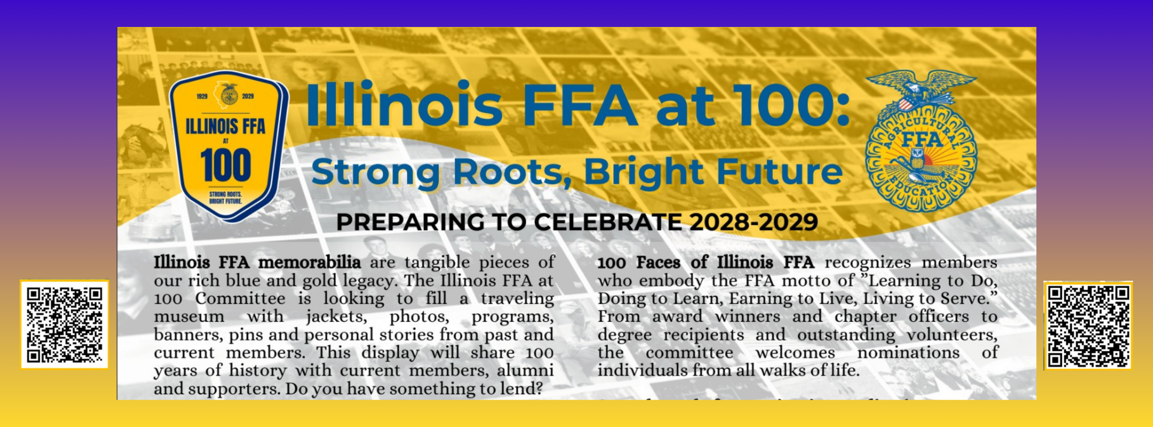 Image with text describing the Illinois FFA 100th Anniversary. Seeking memorabilia and nominations for influential people to be recognized.