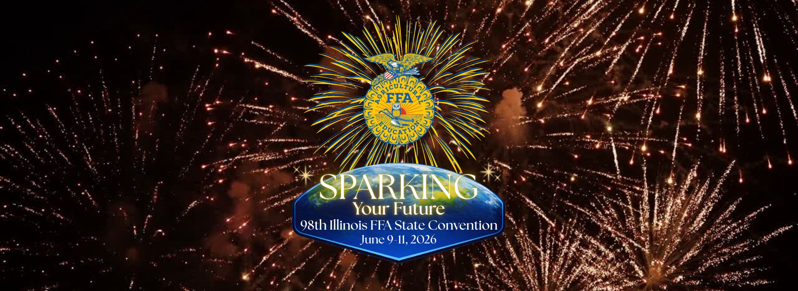 Illinois FFA logo with text, "2026 Illinois FFA Convention, June 9-11" and fireworks in the background