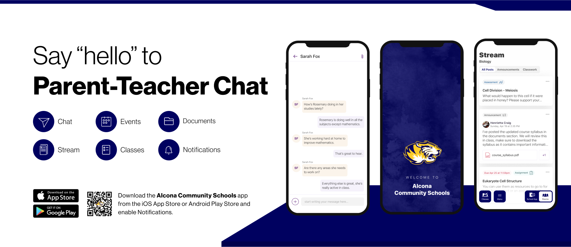 Say hello to Parent-Teacher chat in the new Rooms app. Download the Alcona Community Schools app in the Google Play or Apple App store.