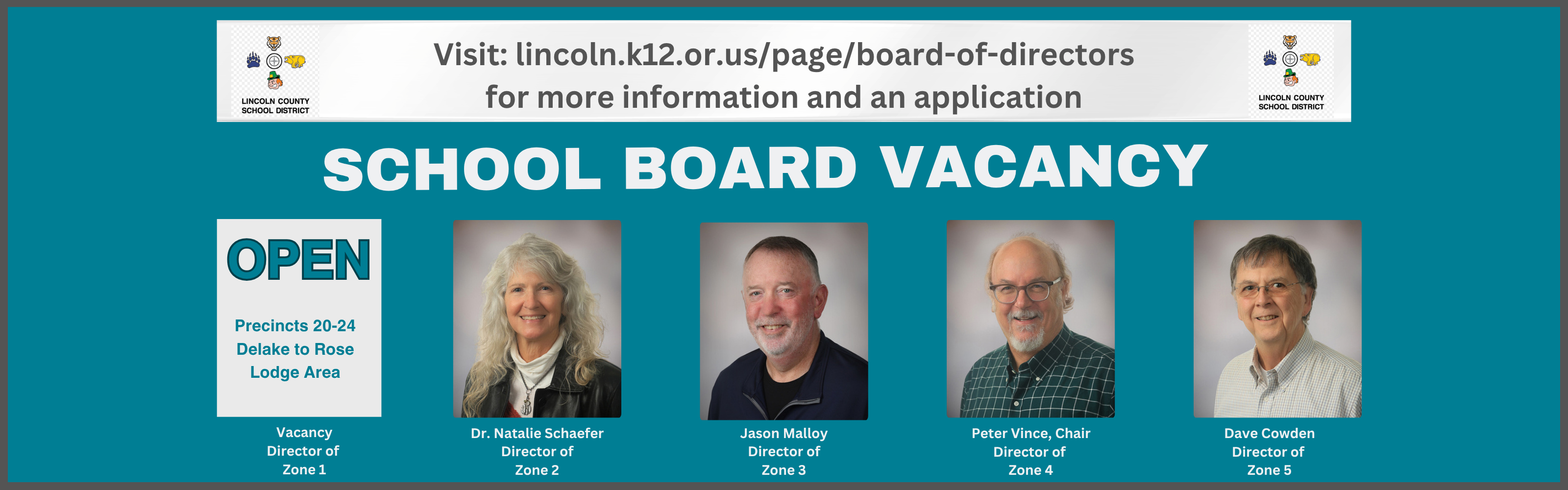 Board Vacancy with photos of current board members on a teal background