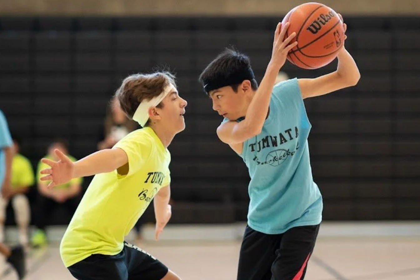 Two boys playing basketball