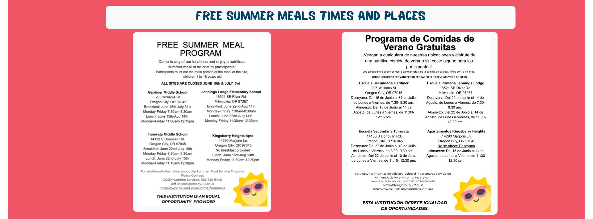 Free summer lunch times and places