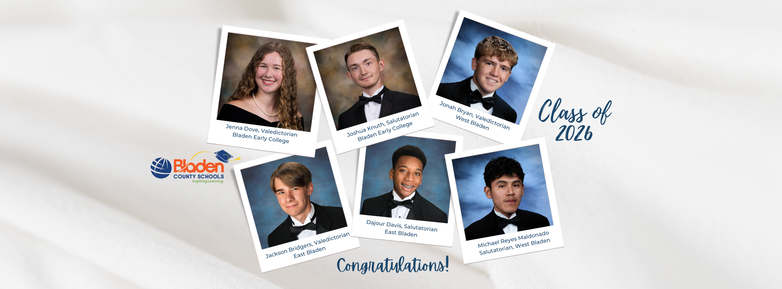 Collage of six Class of 2026 valedictorians and salutatorians from Bladen County Schools, congratulated