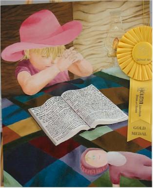 GIRL IN PINK HAT PRAYING OVER BOOK WITH DOLL ON BED