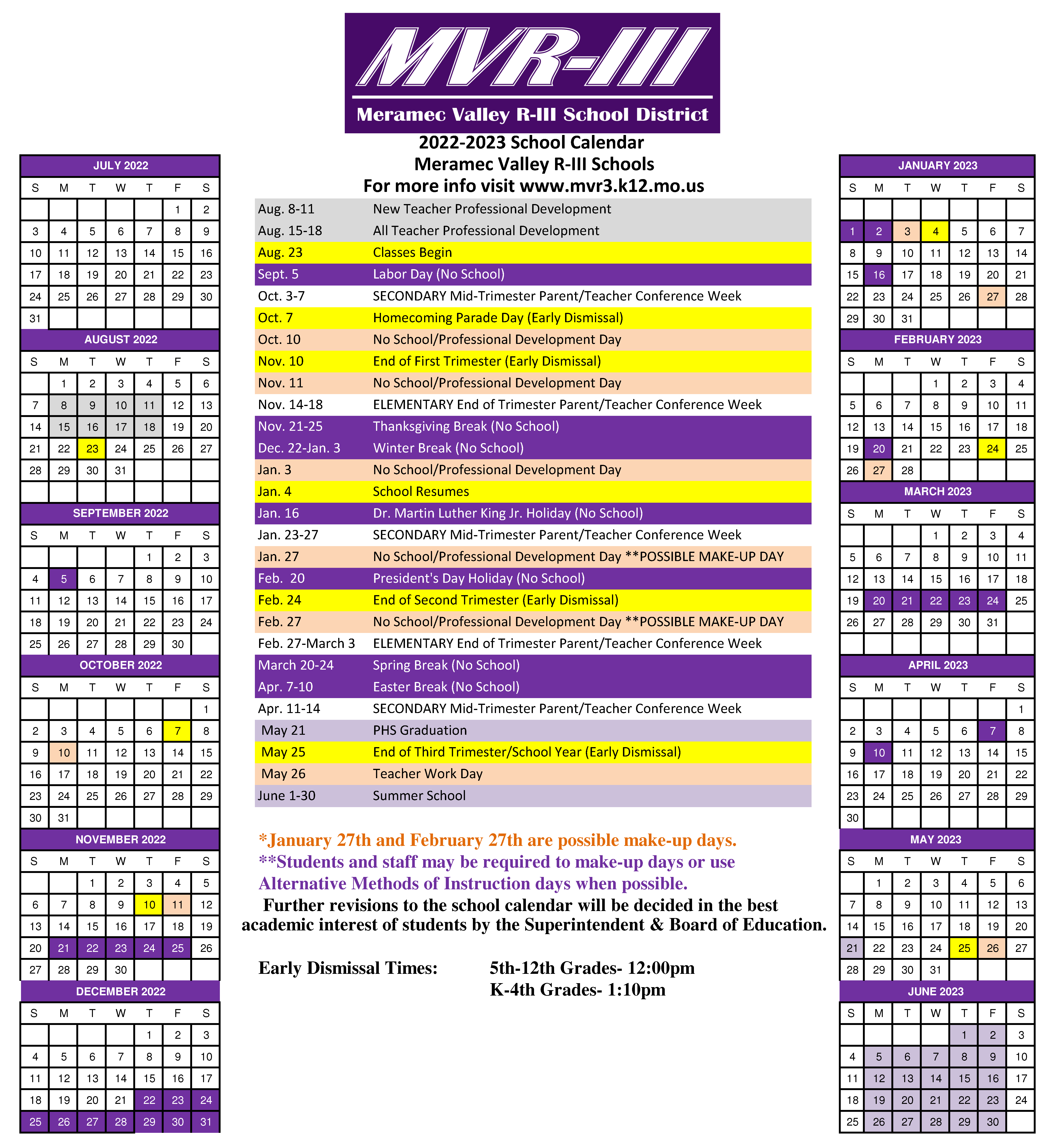 District Calendar Meramec Valley R III School District