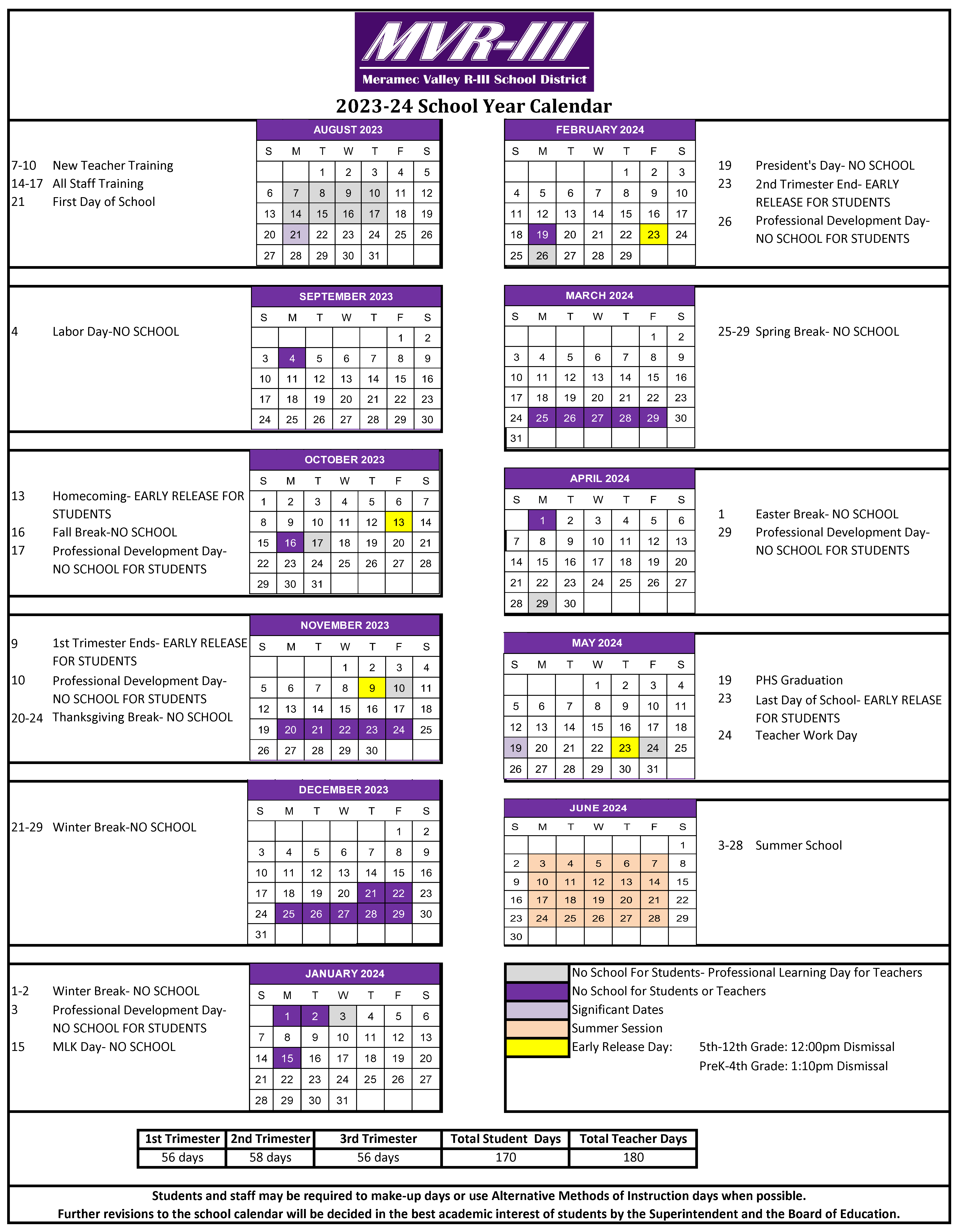 District Calendar | Meramec Valley R-III School District