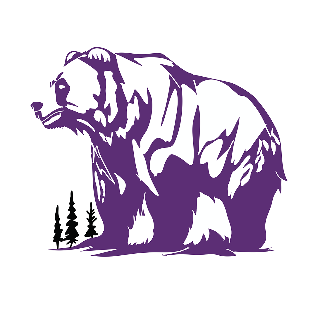 Purple bear in a silhouette, standing on dark background with three trees in front.