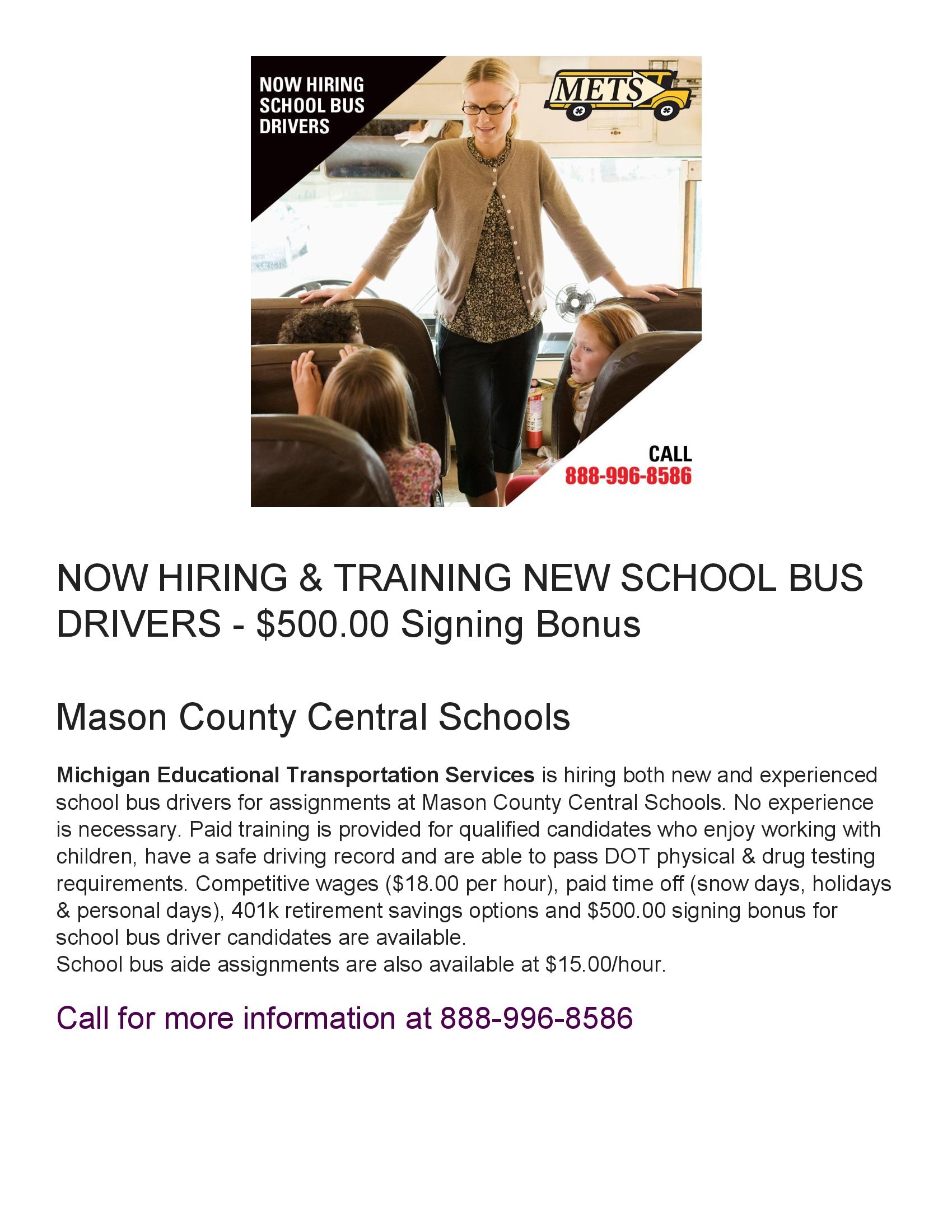 Mason County Central Schools Bus Drivers wanted