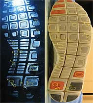 An image showing the bottom of two shoes, one normal, and the other examined with special technology for forensics