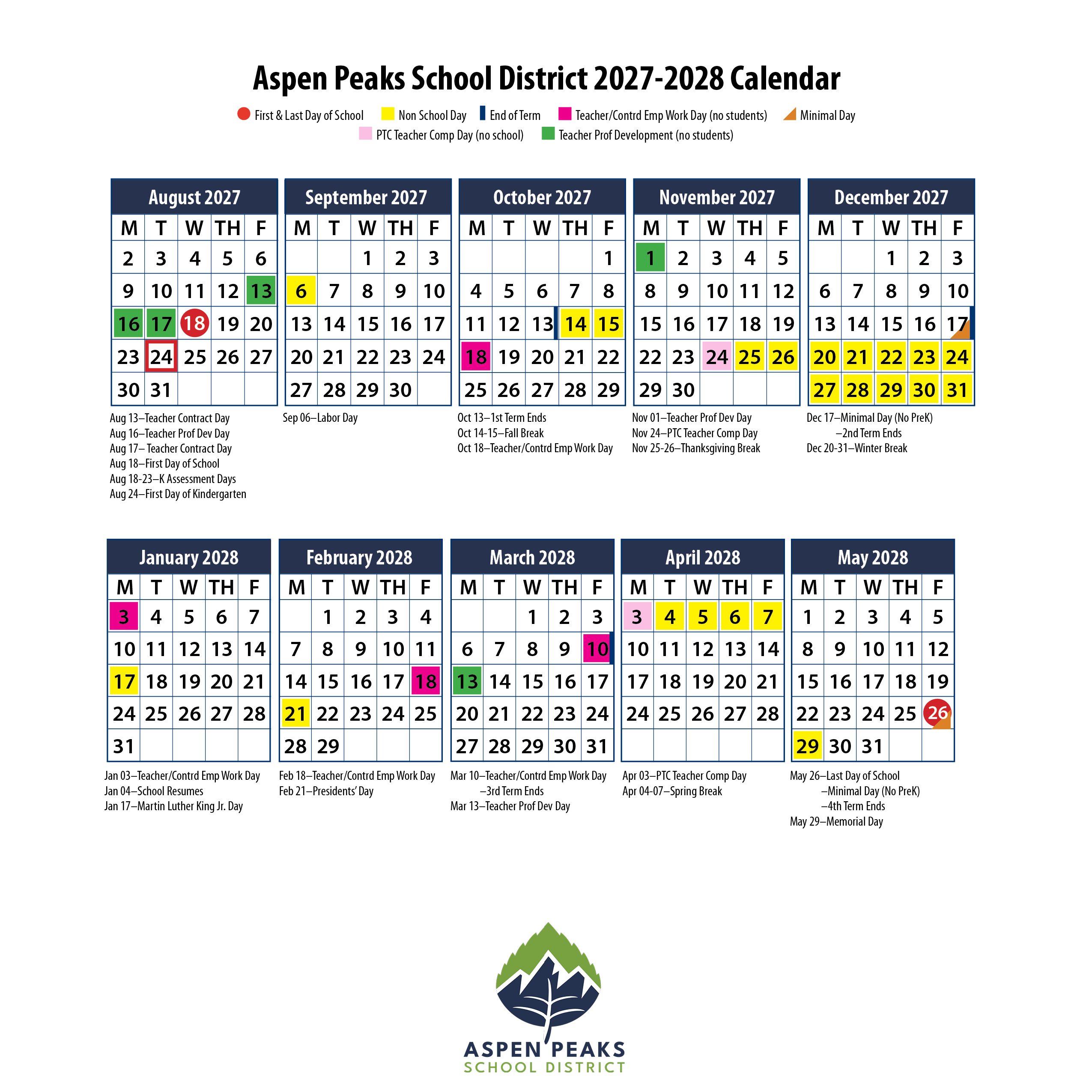 2027-2028 Academic Calendar | Aspen Peaks School District