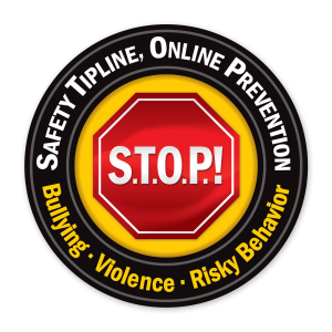 S.T.O.P! Tipline Logo, Safety Tipline, Online Prevention,  Bullying, violence, Risky Behavior