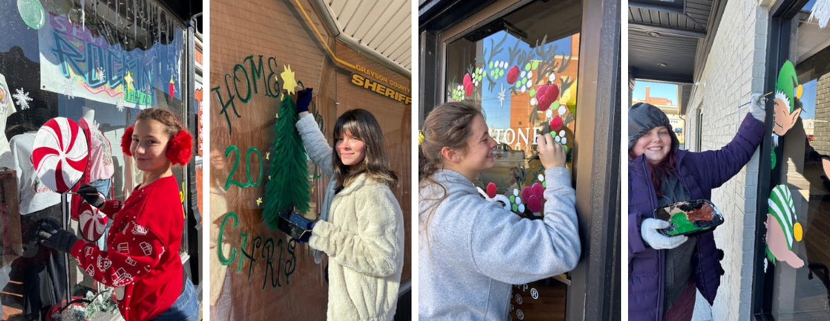 Collage - 4 Scenes of art students painting windows on the town square with Christmas  themes 