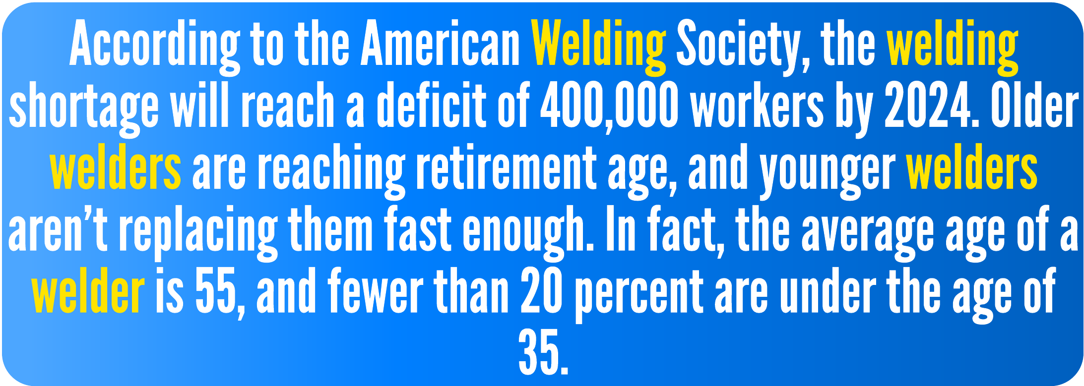 According to the American Welding Society, the welding shortage will reach a deficit of 400,000 workers by 2024. Older welders are reaching retirement age, and younger welders aren’t replacing them fast enough. In fact, the average age of a welder is 55, and fewer than 20 percent are under the age of 35.