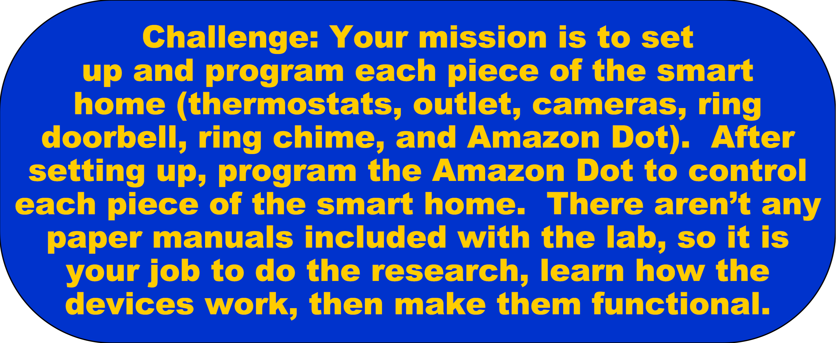 Challenge: Your mission is to set up and program each piece of the smart home (thermostats, outlet, cameras, ring doorbell, ring chime, and amazon dot). After set-up, program the Amazon Dot to control each piece of the smart home. There aren’t any paper manuals included with the lab, so it is your job to do the research, learn how the devices work, then make them functional.