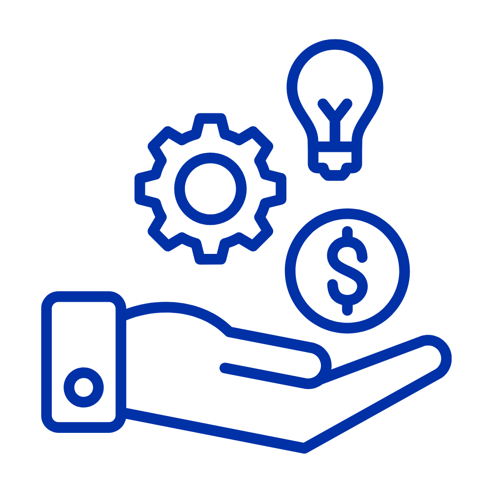 Gear, light bulb and money symbols floating above a hand symbol