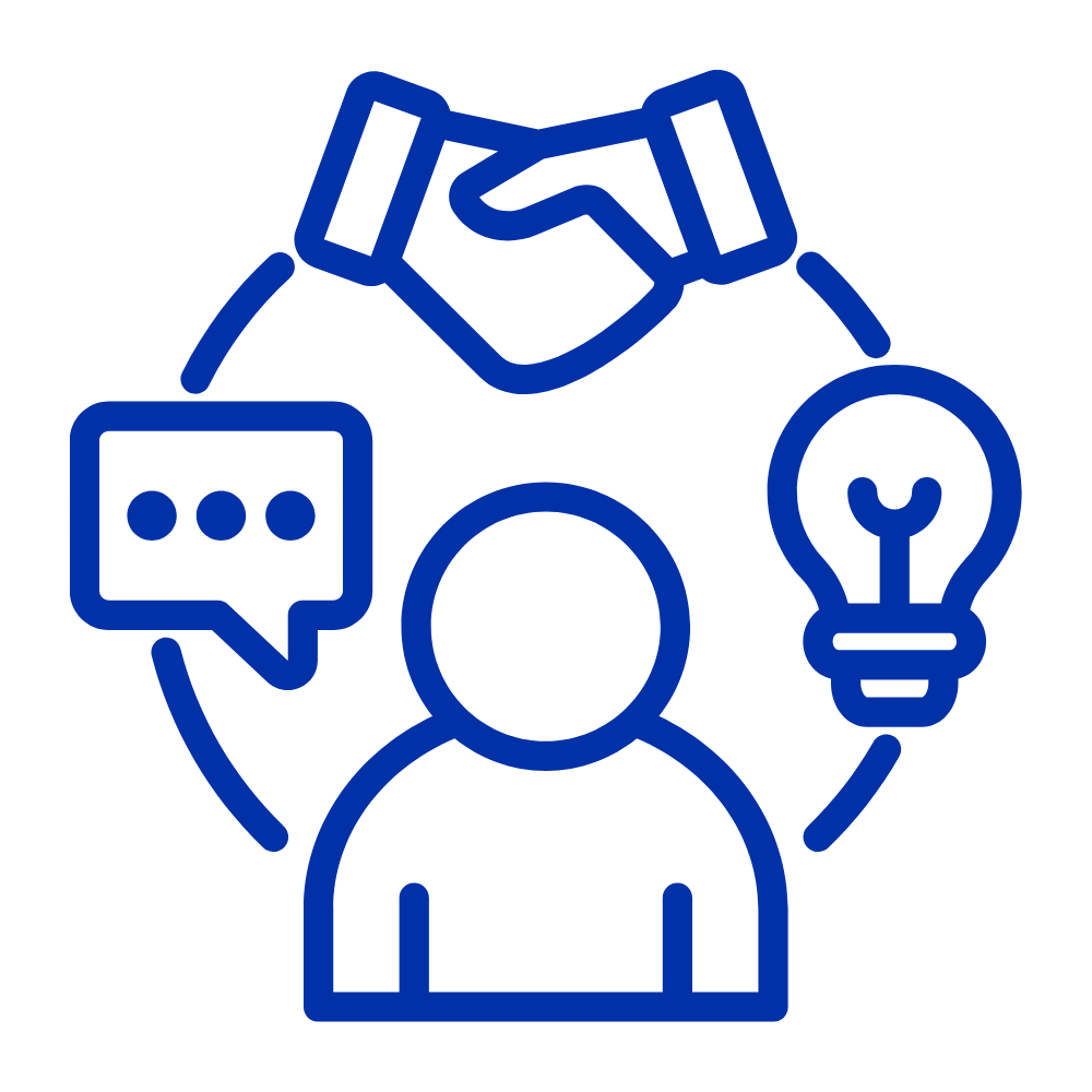 Message, handshake and lightbulb floating around a person symbol