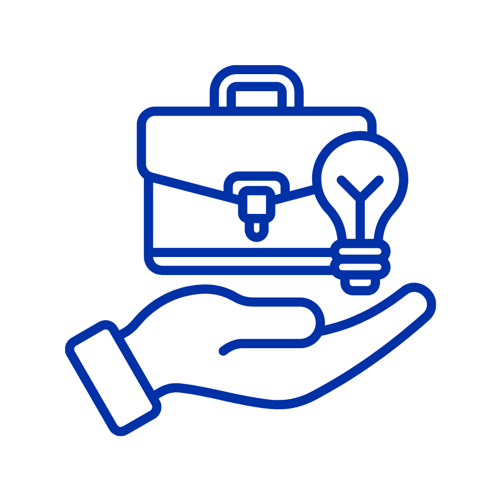 Symbol of brief case and light bulb floating above open hand