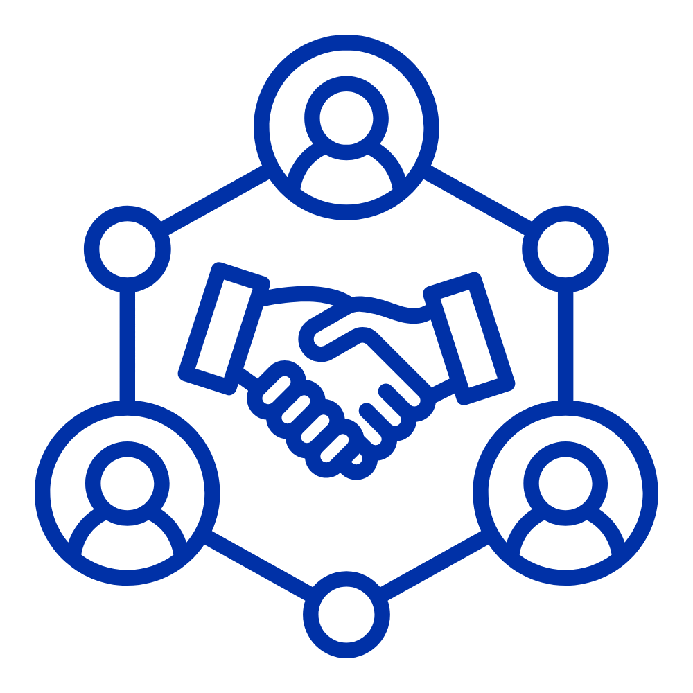 Symbol of people connected by lines with hands shaking in the middle.