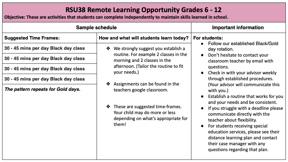 Remote Learning Opportunity Grades 6-12 info