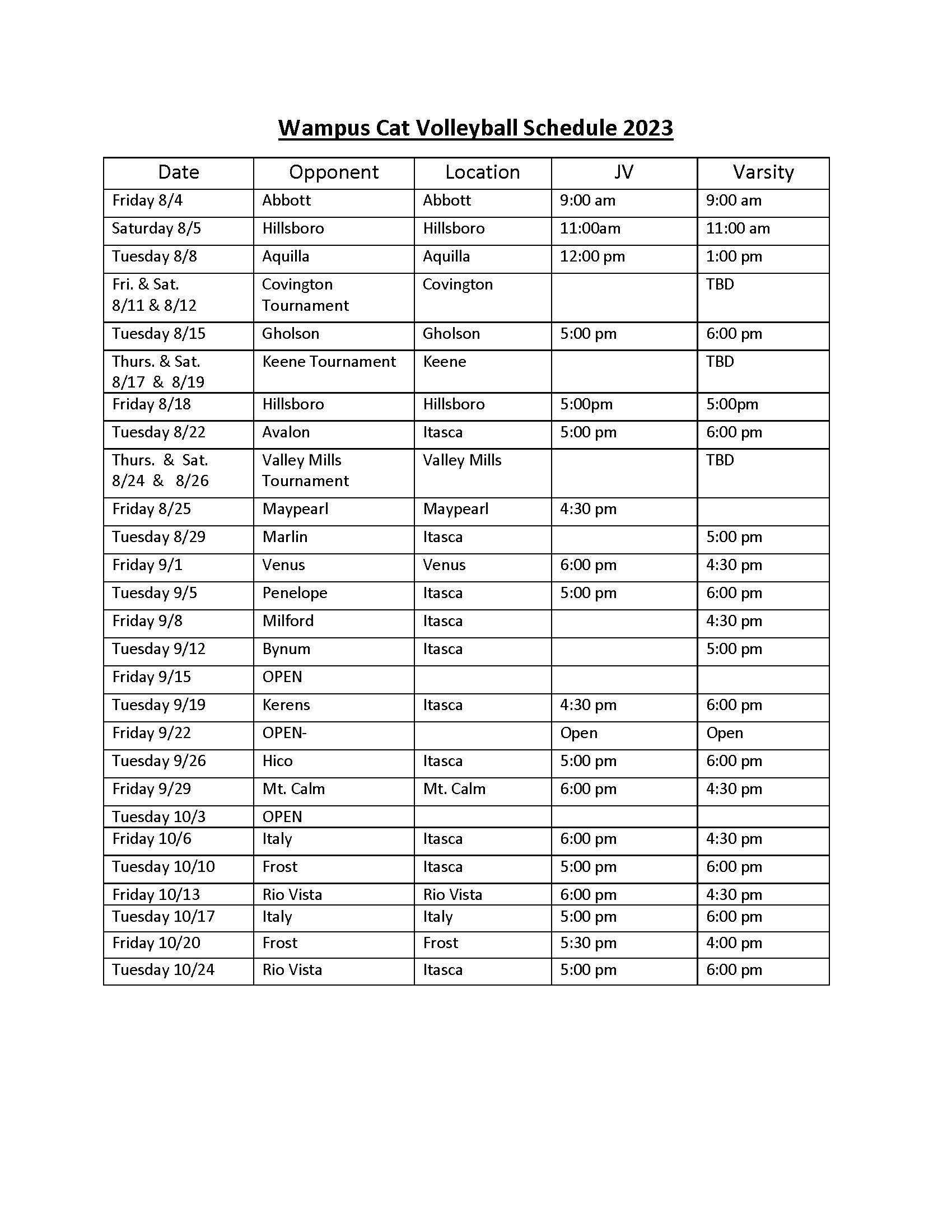 athletic schedules