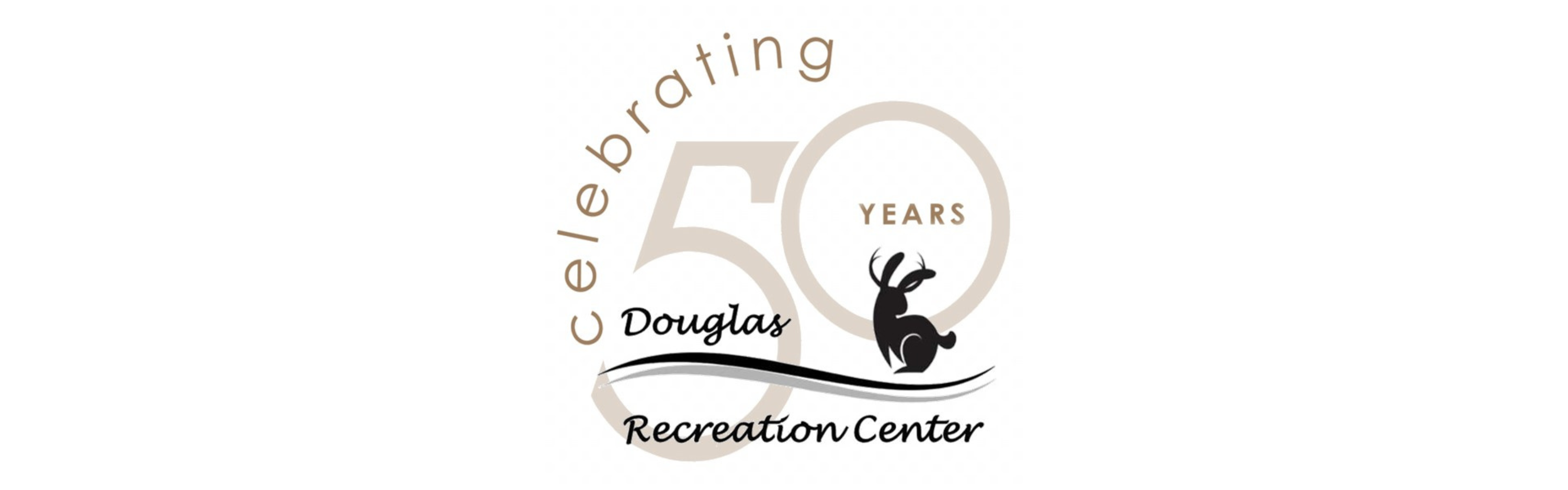 Douglas Recreation Center 50th Anniversary logo with “Celebrating 50 Years” text, jackalope graphic, and swooping line design.