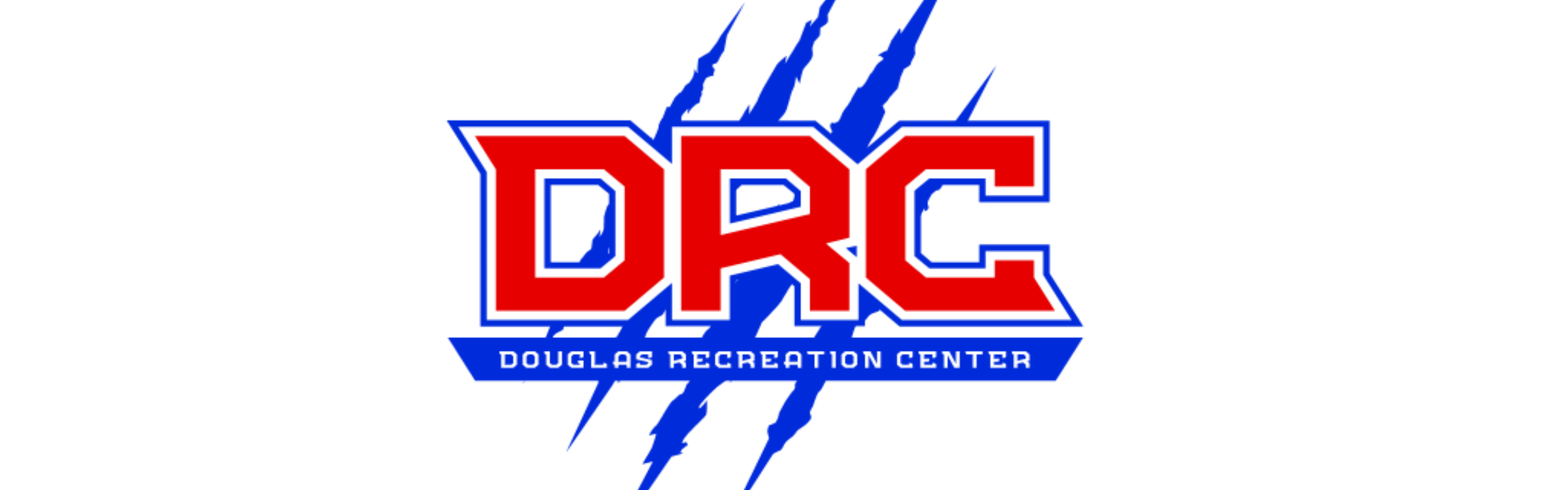 Letter of DRC in Red with a blue claw mark in the background with white text on a blue background of Douglas Recreation Center